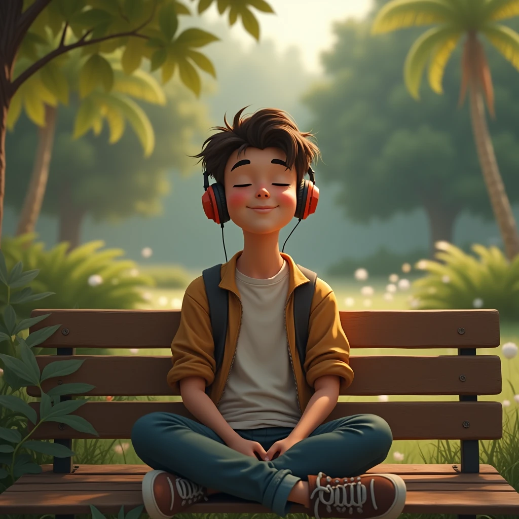 Create a picture for my music channel which I am to set on profile this should be ai image for boy wearing headphones in a relax mode listening music sitting on a bench