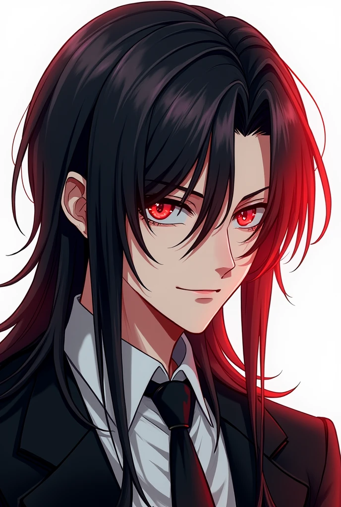 A man in a suit, long hair covering his ears, black hair fading to red, red eyes, white background.,Drawing anime , man