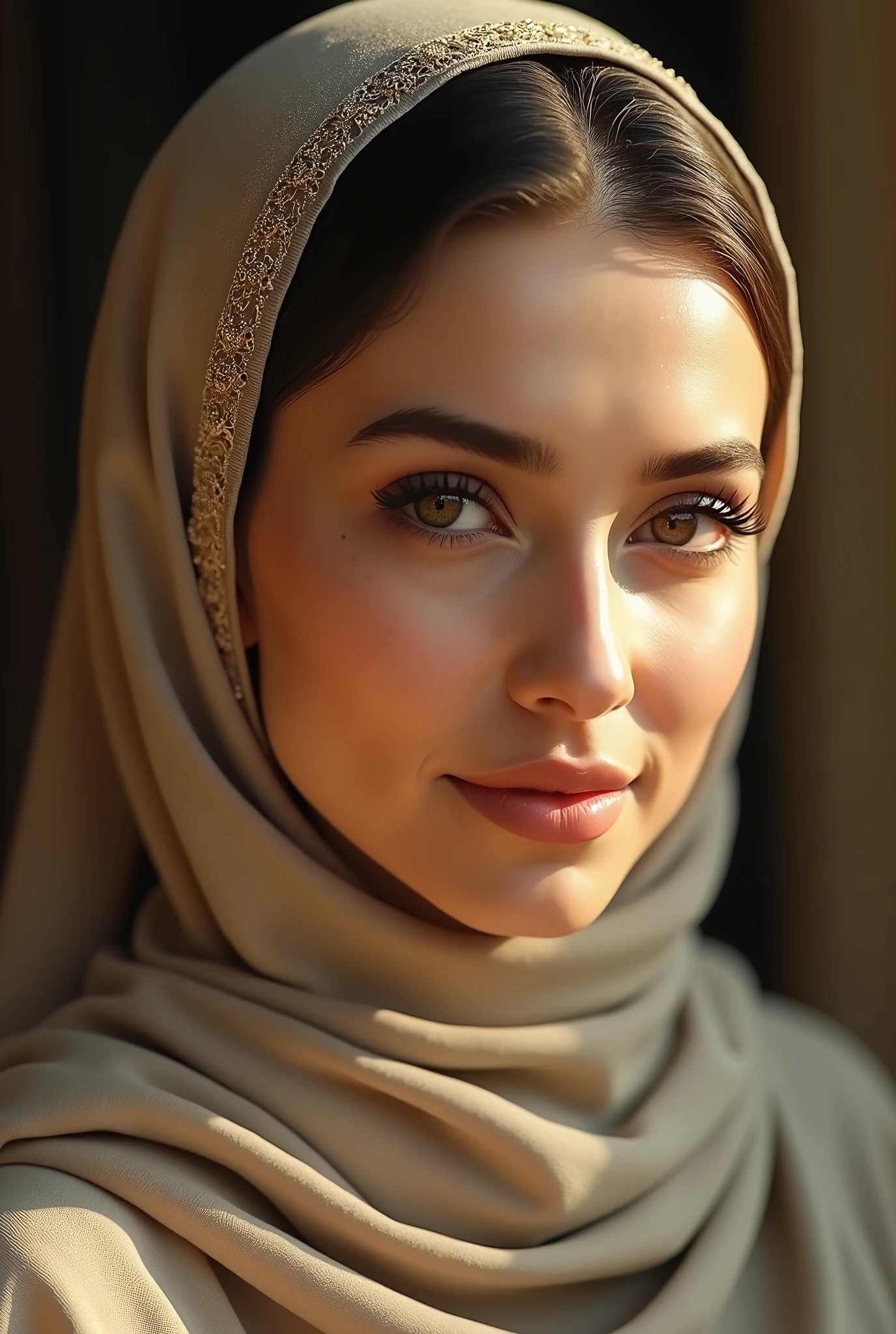 a hijab-wearing woman, beautiful detailed eyes, beautiful detailed lips, extremely detailed face and skin, long eyelashes, ornate hijab, serene expression, natural lighting, warm color tones, cinematic composition, highly detailed, hyper realistic, masterpiece, 8k, photorealistic