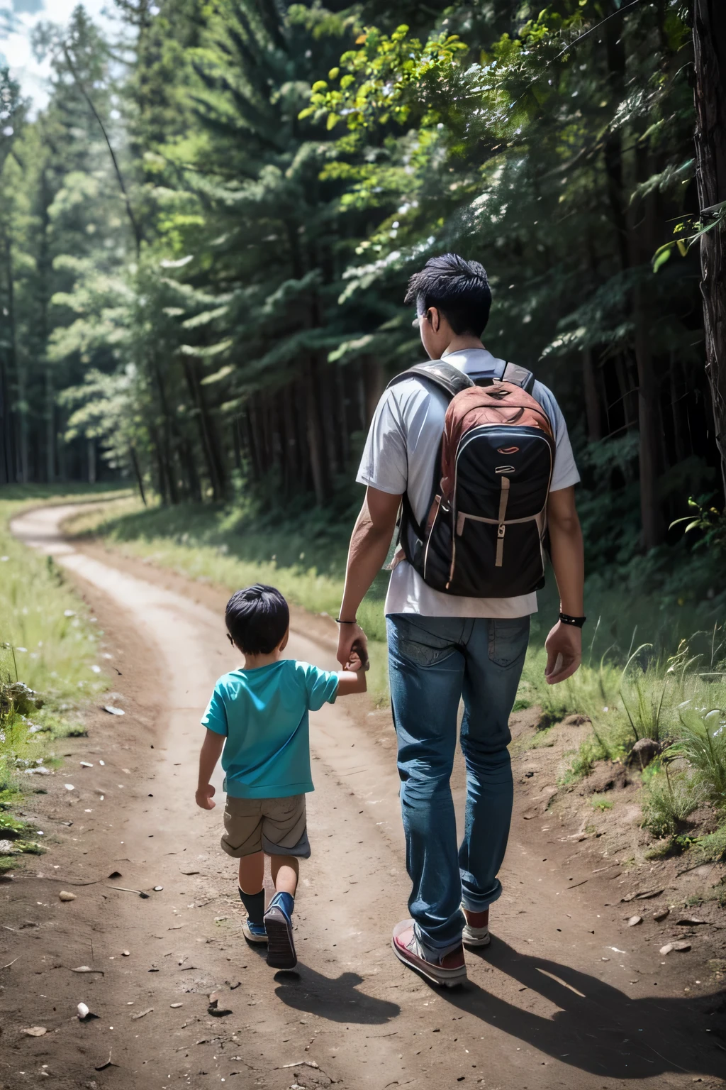 an indigenous man with his son going to a forest 