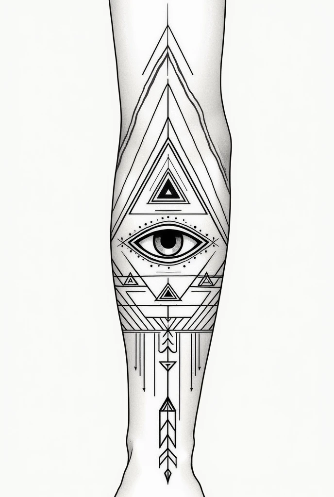 Linear style forearm tattoo design with abstract triangles on top and arrows in the middle of the arm, a triangle with a realistic eye and below more abstract triangles and arrows with Egyptian symbols.