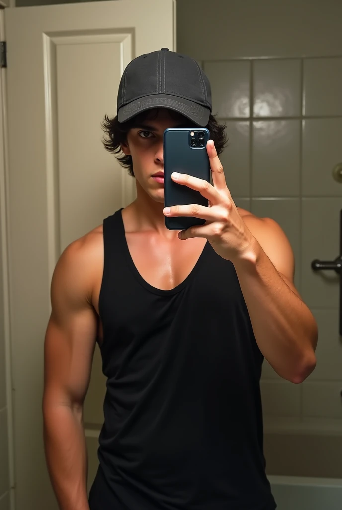 21 year old young man. With short dark hair, side hairstyle. He is wearing a shirt, showing a defined physique. Wear a chain around your neck and shoulders. He is holding the cell phone in one hand, taking a photo in front of a mirror