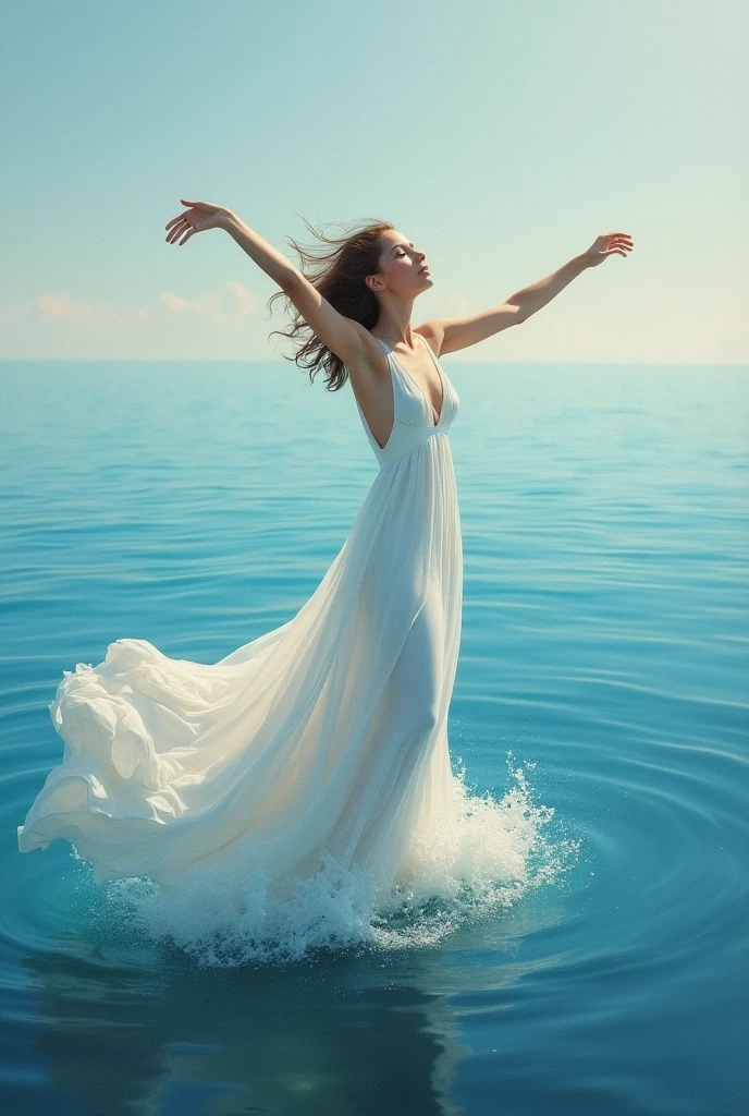woman in a white dress standing in the ocean with her arms outstretched, by Darek Zabrocki, by Alexey Venetsianov, by Dimitre Manassiev Mehandjiysky, by Alexey Merinov, by Andrei Riabovichev, emerging from the ocean, arms outstretched, arms outstretched