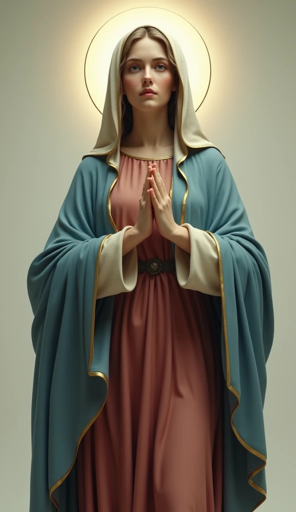 Very Virgin Mary, Reddish beige tunic with blue cloak and veil,Looking at the camera, whole body, Halo, Looking into the camera, Moist eyes