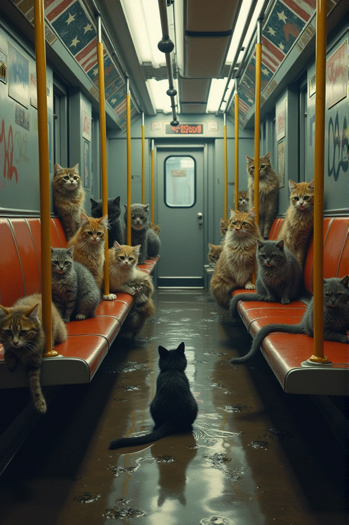 Make a picture of an American subway, There are many wet cats inside the train cars
