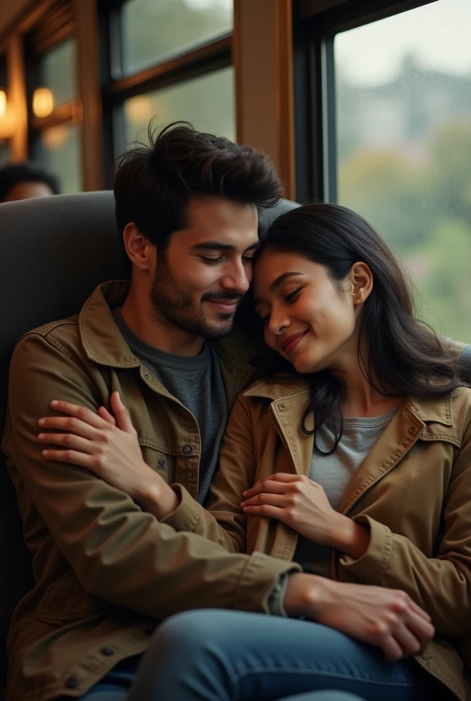 Me and my boyfriend sit in train

He is white Brazilian 
I'm asian
Make it based on etnict 

More human look 

Wearing jacket and I relly on him