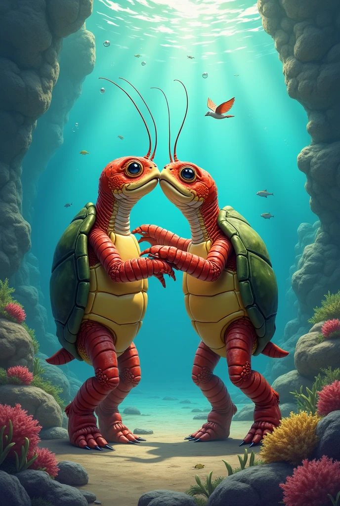 Turtles and lobsters are really in love with each other.  Rocky and watery background