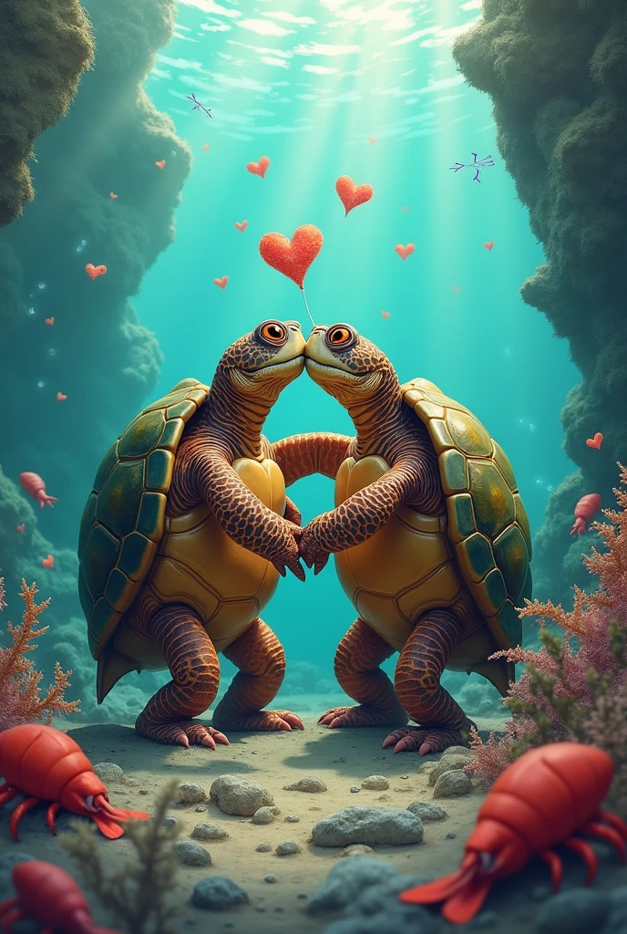 Turtles and lobsters are really in love with each other. Rocky and watery background