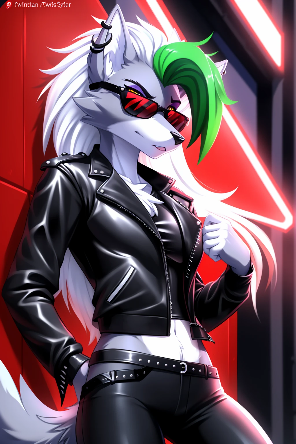 By zinfyuu on pixiv,by twistedscarlet60, uploaded on pixiv, by fluff-kevlar, (masterpiece), (best quality), (anthro furry:1.3, snout:1.2, anthro:1.3, furry:1.2, solo female:1.2), (extremely detailed:1.3), (Detailed eye part: White lens, yellow iris,black cornea), tall, slim body, grey fur, roxanne, roxanne wolf, (black leather jacket:1.5), black jacket, leather jacket, black leather pants, black pants, leather pants, sunglasses, rectangular sunglasses, dark sunglasses, dark glasses,serious face,