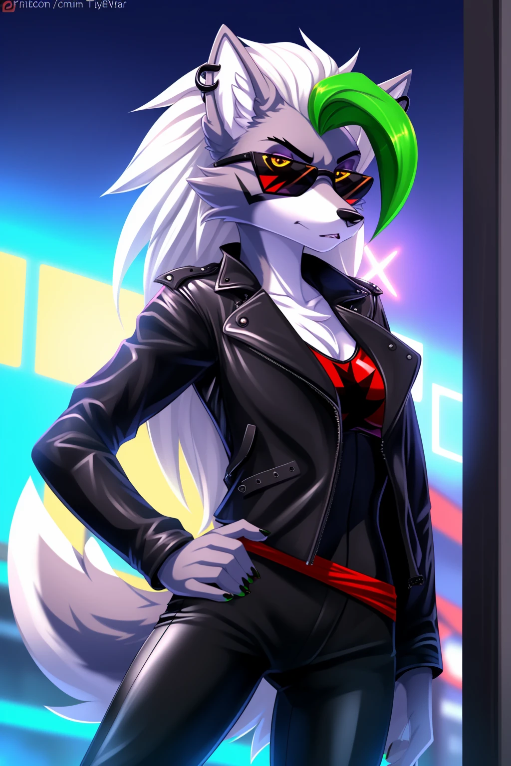 By zinfyuu on pixiv,by twistedscarlet60, uploaded on pixiv, by fluff-kevlar, (masterpiece), (best quality), (anthro furry:1.3, snout:1.2, anthro:1.3, furry:1.2, solo female:1.2), (extremely detailed:1.3), (Detailed eye part: White lens, yellow iris,black cornea), tall, slim body, grey fur, roxanne, roxanne wolf, (black leather jacket:1.5), black jacket, leather jacket, black leather pants, black pants, leather pants, sunglasses, rectangular sunglasses, dark sunglasses, dark glasses,serious face, 