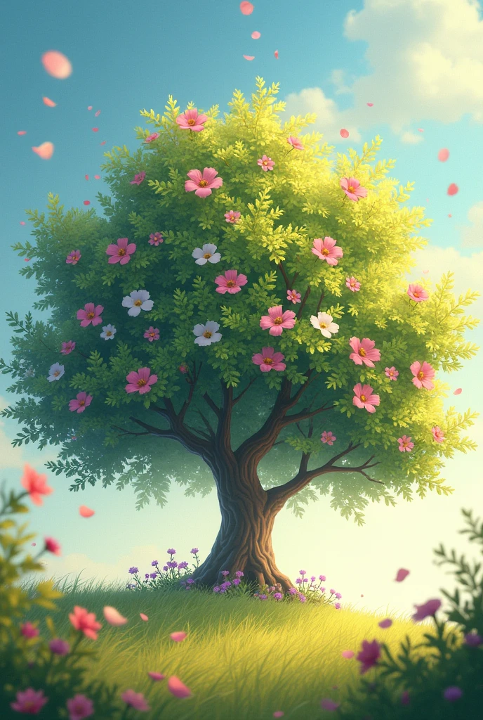 Créer moi un jolie arbre avec des belles fleurs et tu mets un texte animation qui dit " soyez toujours heureux" devant l'image.