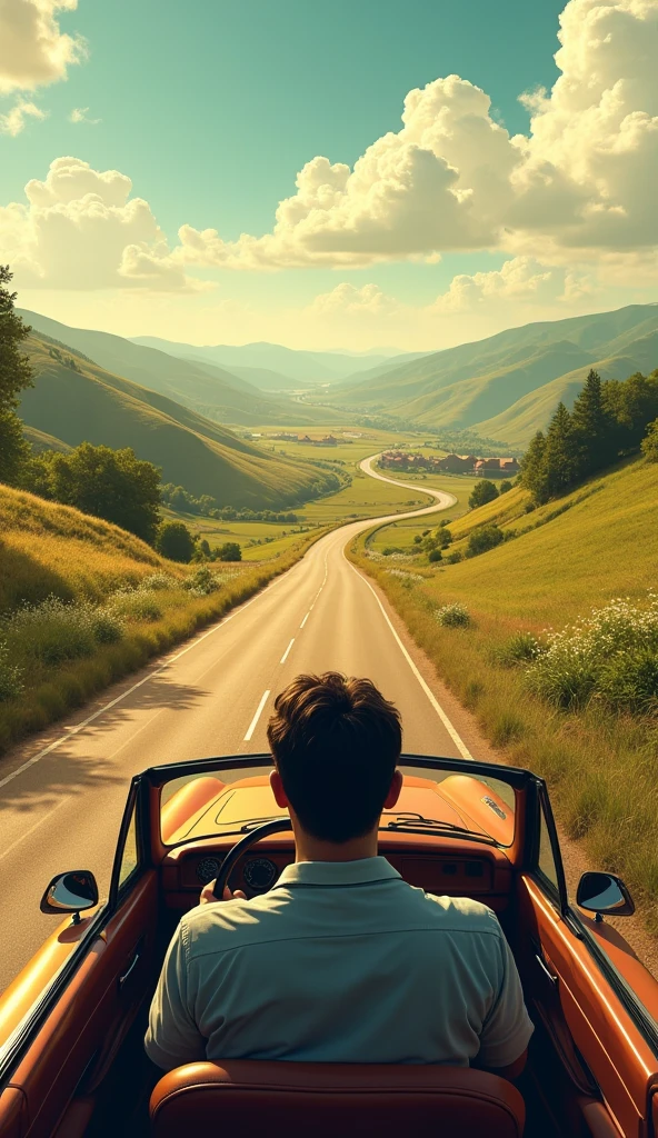 Man traveling by car with a landscape on the road