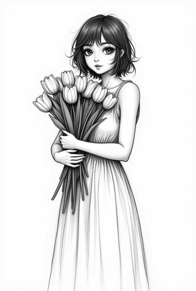 portrait of a beautiful woman, summer dress, defined black lines, 1 girl, standing alone, water, hugging tulips, simple background, white background, monochrome, arte linear, ((outline)),((high qualiy, work of art:1.4)), 1 girl, ((trunk)), portrait outline, messy drawing, messy coal stains, unfinished outline, outlinebook charcoal style drawing of a woman, outlinebook drawing, outlinebook, cute hair, medium short hair, beautiful face, symmetrical face, Symmetrical eyes, ((paper material background)), realistic coal lines, imperfect drawing, coal crumbs, coal lines, Imperfection, fading outline, sQueratogray Sketch (eddiemauro-mix)