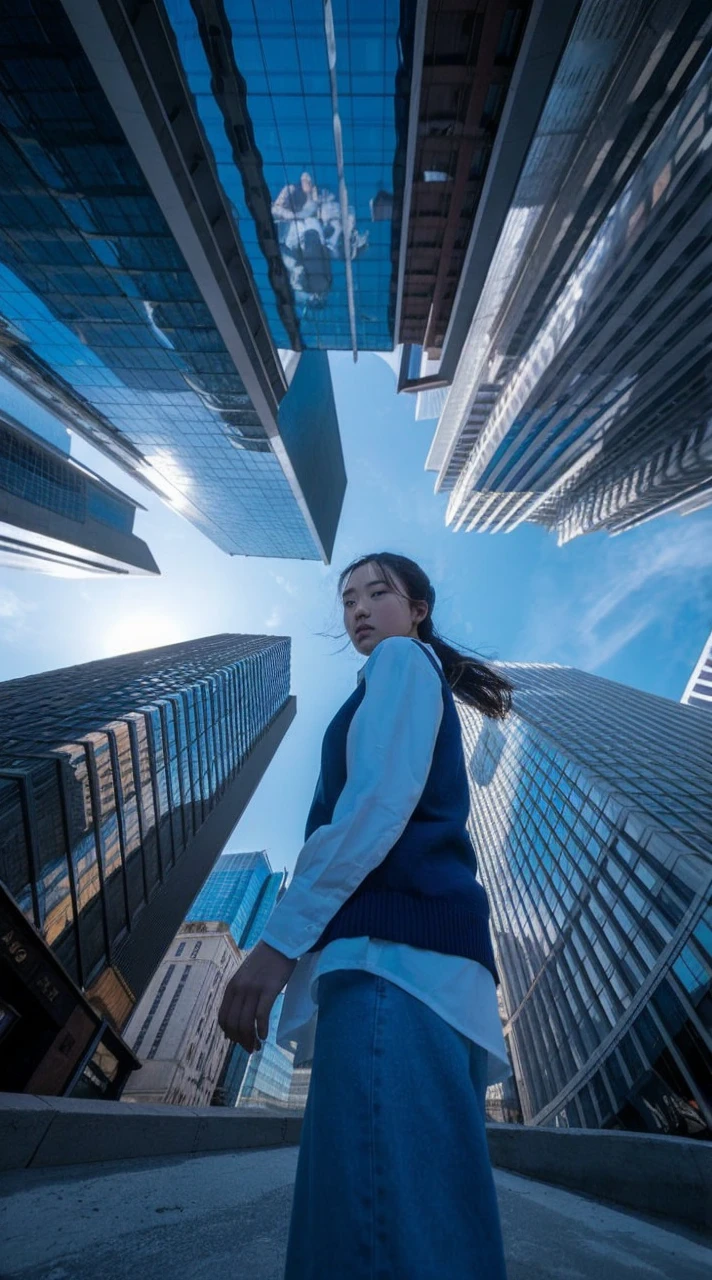(Low Angle Shot, from below), 1 Korean girl in casual clothes, In the city, shooting skyscrapers from a low angle captures the reflection of sunlight on the surface of the building and the silhouette of the tall buildings against the blue sky, showing the splendor of the city, charming chiaroscuro, dynamic movement, (special effects: 0.1), full body, award-winning, cinematic stills, emotional, sketch, dynamic, vivid, (masterpiece, top quality, photorealistic, Professional, perfect composition, very aesthetic, unreasonable details, very detailed and intricate