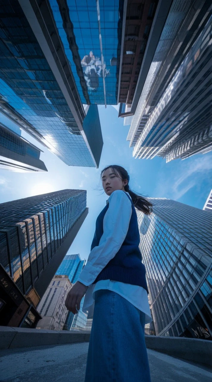 (Low Angle Shot, from below), 1 Korean girl in casual clothes, In the city, shooting skyscrapers from a low angle captures the reflection of sunlight on the surface of the building and the silhouette of the tall buildings against the blue sky, showing the splendor of the city, charming chiaroscuro, dynamic movement, (special effects: 0.1), full body, award-winning, cinematic stills, emotional, sketch, dynamic, vivid, (masterpiece, top quality, photorealistic, Professional, perfect composition, very aesthetic, unreasonable details, very detailed and intricate