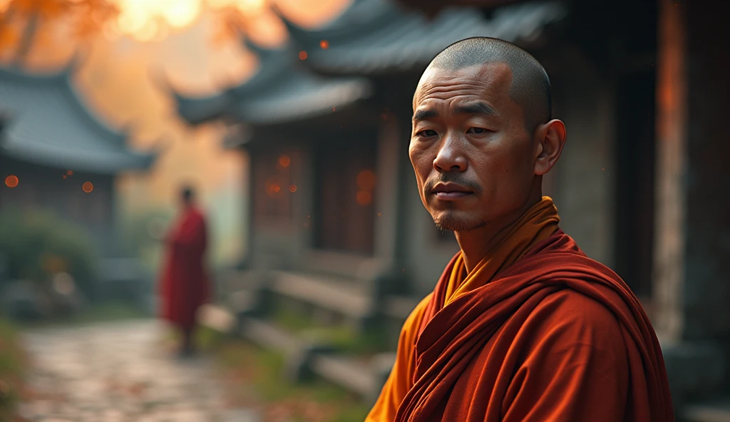 Buddhist monk meditating, looking directly at the camera, not at the center, clear facial features, bright colors, light particles, with bright light, Mushhiv, wallpaper art, UHD wallpapers, vivid atmosphere, near a house ancient village