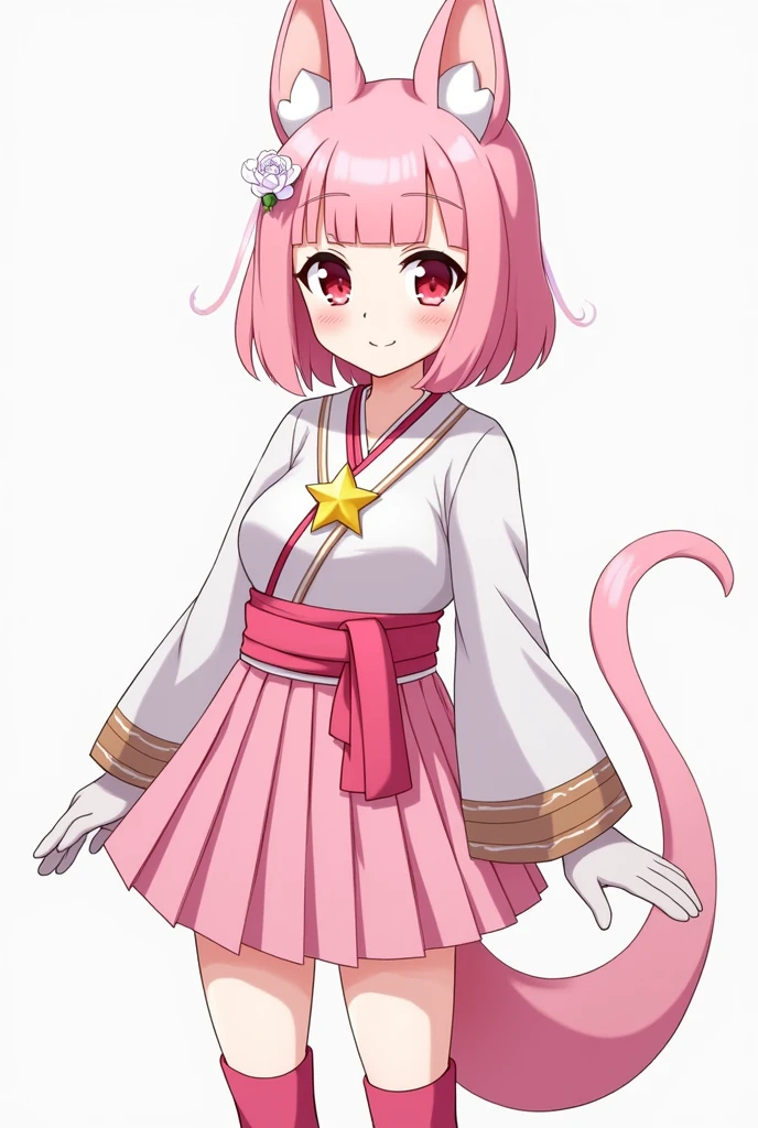 Kimetsu no yaiba, Female gender, pastel pink fur, with a square bang and her hair short to her shoulders , with a star brooch, hunter uniform: It is personalized, instead of the traditional hakama pants, She wears a pleated skirt that reaches mid-thigh with shorts that are longer than the skirt., a pink sash and leg warmers, crimson red eye color, White skin, with a smile, girl