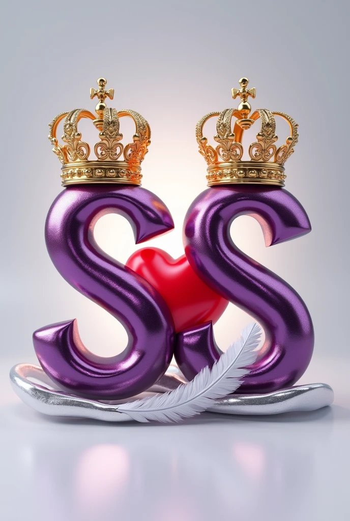 A 3d render of the two letters "S" and "S" in a purple and gold metallic font with golden British crowns above both letters and a white feather , with a light shine behind the word, and a silver swirl underneath. A red heart between both letters, The background is a light gray.