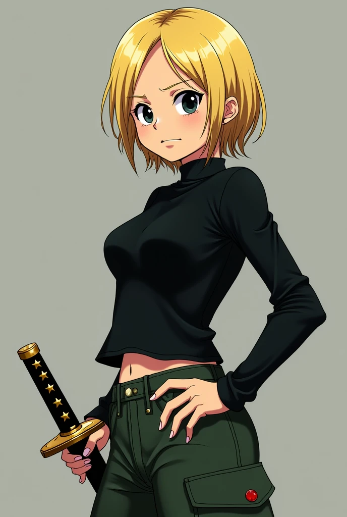 A female character from One Piece with short blonde hair almost like a boy&#39;s, eyes a little tired and black, blonde eyelashes, half serious and calm look, black long-sleeved blouse and dark green cargo pants. Wearing a katana in his hands with star decorations