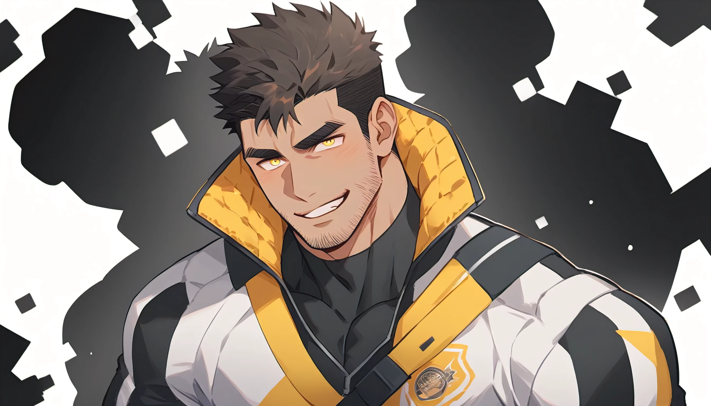 anime characters:Gyee Chris Redfield, Muscle Sports Student, negro black skin, 1 dark skin muscular tough guy, Manliness, male focus, Light yellow high collar long sleeve tight T-shirt, Slightly transparent material, Very tight, Round, full and perky chest muscles, Slightly transparent, muscular male, muscular, only, Upper body, alone, Black short hair, Thick eyebrows, stubble, Yellow eyes, Grey background, simple background, amazing quality, best aesthetics, Ridiculous, bright pupils, crew cut, parted lips, seductive smile, torogao, naughty face, moaning, drop shadow, best quality