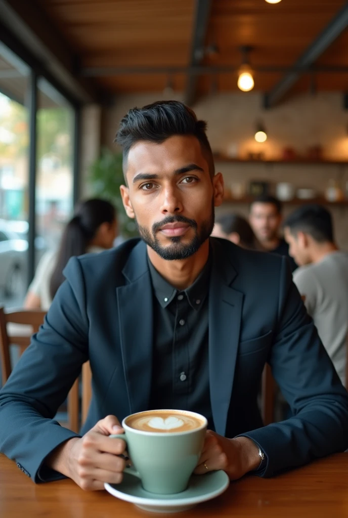 Somali boy age 20 years old wearing suit sitting in the coffee shop French crop haircut seening the camera