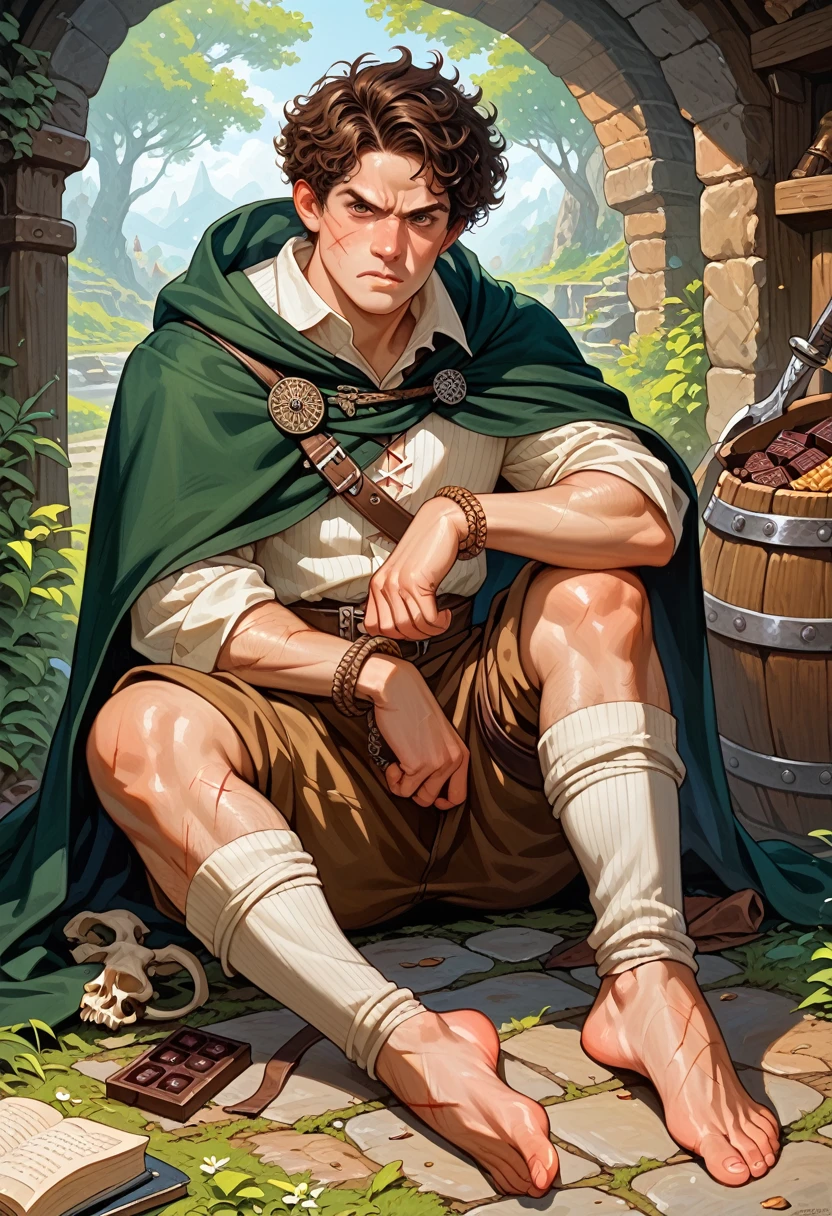 character detailing, man, hobbit, single, without shoes, bare feet, short hair, pixie haircut, leg hair, cape, hood on head, curly hair, fair skin, medieval, adventurer, fantasy, chocolate hair, dark green cloak, brown eyes, angry, big scar on cheek, sword on belt, bone bracelet, (scars), lots of shadows, dark colors, brown pants, milk shirt,
