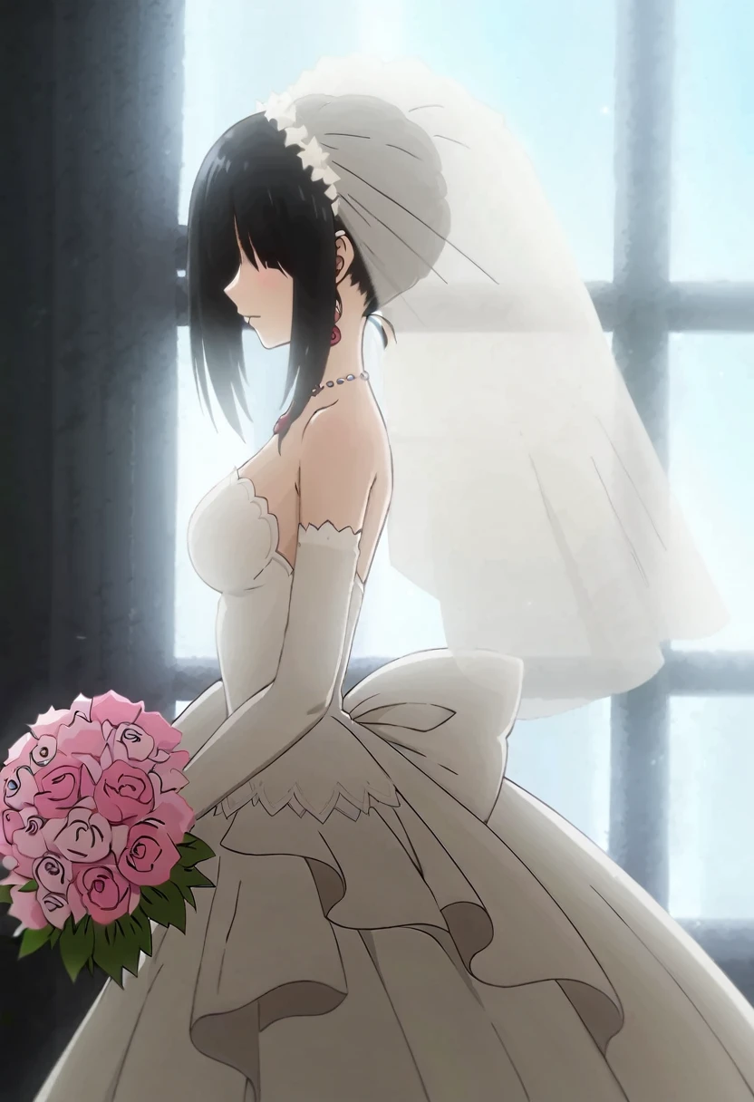 tokisaki kurumi,(((Best quality))),((Ultra-detailed)),((illustration)),((Disheveled hair)),((frilld)),(1 girl),(Solo),
1girl,bouquet,bridal veil,dress,elbow gloves,flower,gloves,solo,veil,wedding dress,window,profile,from side,full shot,