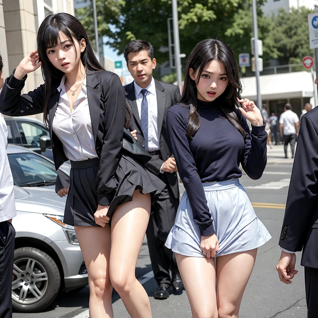 Innocent and beautiful high school girl and perverted men, molested by perverted men lying in wait, idol-like baby-faced beauty, running away in her underwear, being seen being molested in public and screaming with her mouth open in embarrassment, asking viewers for help, harassed by perverted men on the street, beautiful black hair, heightened sensitivity, beautiful eyes, ultra-high quality, looking down, leaning with weight on thighs, slender body, Japanese, anatomically correct