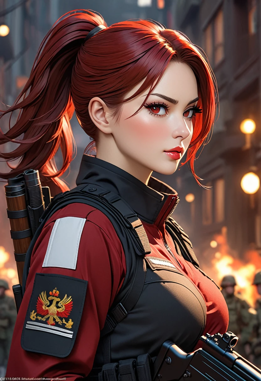 Natasha, the sexy beautiful strong sinister antagonist of Command & Conquer: Red Alert 3, short hair, (sinister smile:1.3),cap scar on face, wears a dark red military  short uniform with black boots and miniskirt, a black belt, and a red beret, Her uniform is decorated with various medals and insignia including the Red Star of the Soviet Union, She wears  a pair of black gloves, dramatic, dark colors, intricately detailed, fine details, hyperdetailed, raytracing, subsurface scattering, diffused soft lighting, shallow depth of field,art by greg rutkowski and artgern