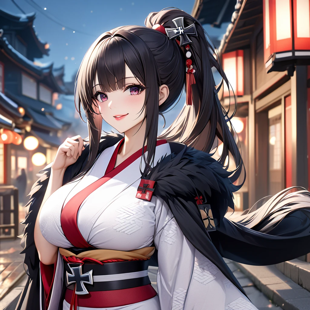 A woman wearing a white yukata with red details, wearing a black fur cape, long cape, long-sleeved yukata, ponytail hair, long hair, long ponytail hair, burgundy eyes, smiling, big breasts, perfect face, lips perfect, perfect eyes, iron cross on the kimono, barrette in the hair with an iron cross, in a traditional Japanese neighborhood, concrete sidewalk, place at night, standing upright.(Azur_lane, KMS_Peter_Strasser.)UHD , masterpiece, accurate, anatomically correct, textured skin, super detail, high quality, best quality, 8k, high resolution, bokeh effect.
