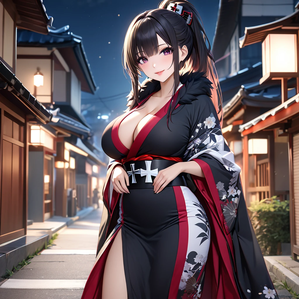 A woman wearing a white yukata with red details, wearing a black fur cape, long cape, long-sleeved yukata, ponytail hair, long hair, long ponytail hair, burgundy eyes, smiling, big breasts, perfect face, lips perfect, perfect eyes, iron cross on the kimono, barrette in the hair with an iron cross, in a traditional Japanese neighborhood, concrete sidewalk, place at night, standing upright.(Azur_lane, KMS_Peter_Strasser.)UHD , masterpiece, accurate, anatomically correct, textured skin, super detail, high quality, best quality, 8k, high resolution, bokeh effect.