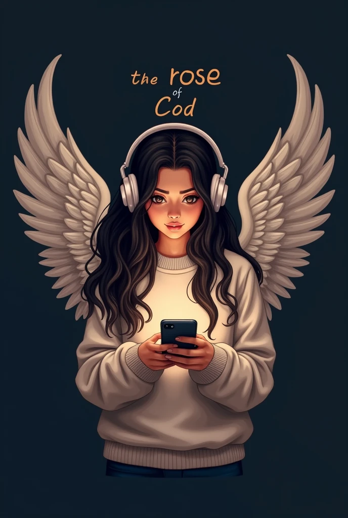 Can you create a logo for me where there is a girl with long black hair, brown eyes and a sweatshirt that has big, long angel wings and headphones playing with her cell phone and below it has the letters " THE ROSE OF COD" that the letters stand out very subtly and with the black background