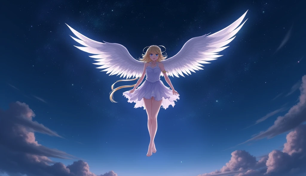 A winged anime character falls from the night sky