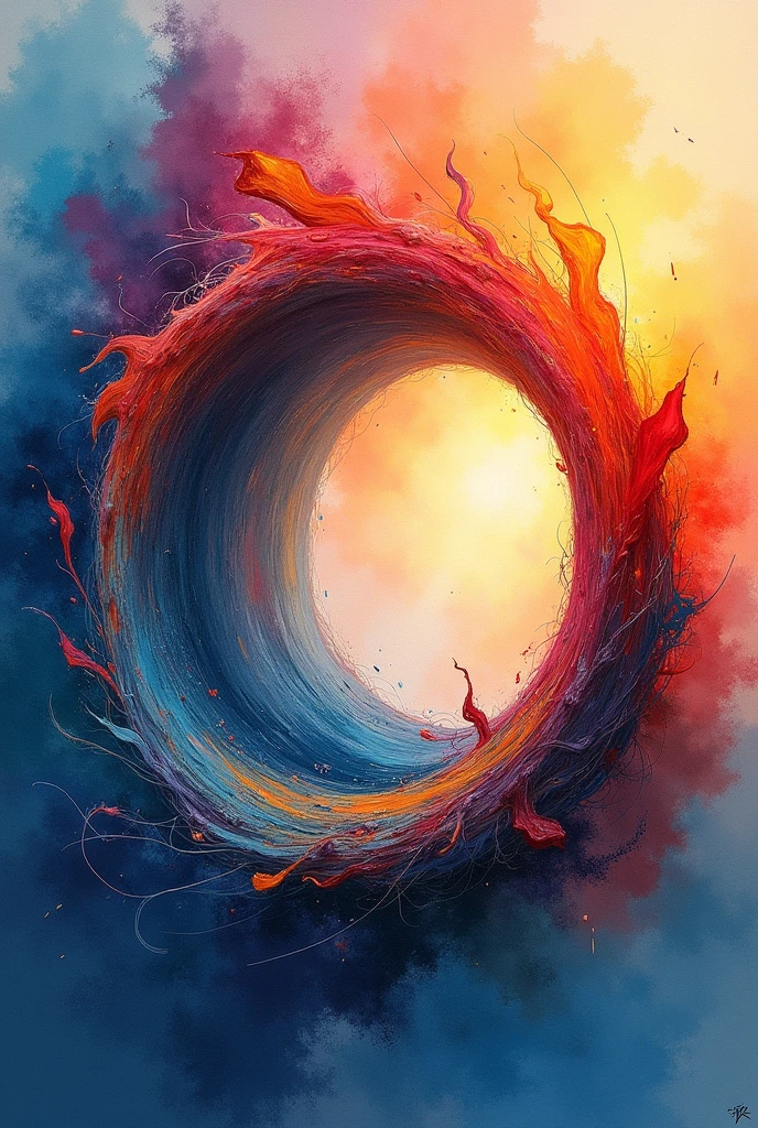 Create a three-dimensional circle. Using the combination of watercolor and mixed media colored pencils. Use vibrant colors. The light source is in the upper right corner.