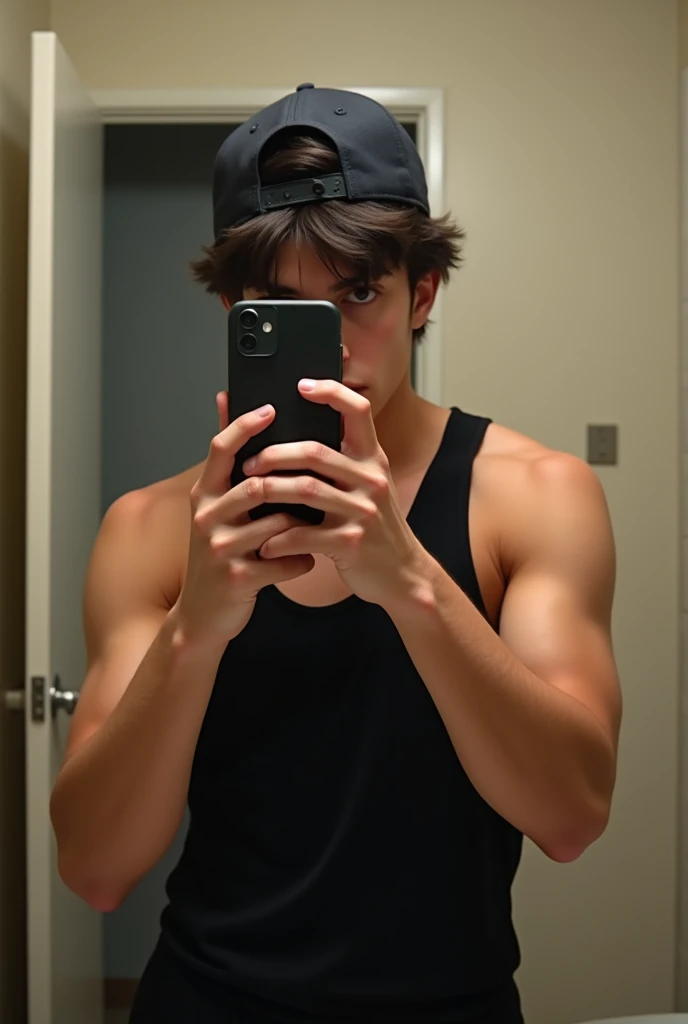 Make a fit teenager posing to take a photo in the bathroom mirror with his cell phone but not showing his full body and the cell phone covering his face and he is dressed in a black tank top and also has black hair that is a little long but not too much and is wearing a cap.