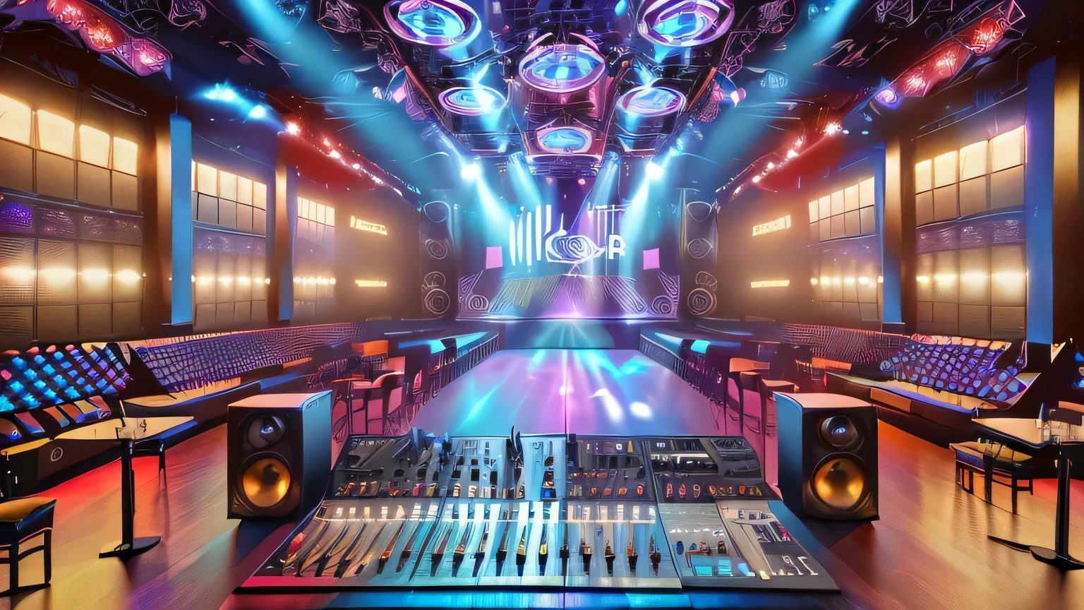 a dark room with a large sound panel and lots of lights, night club background, stage in a club, mixer rendering, dj, club lighting, background art, elaborate stage effects, night club, live concert lighting, virtual set, stage background, dance hall background, stage light, professional studio, audio equipment, dj mixer, best in stock from Adobe