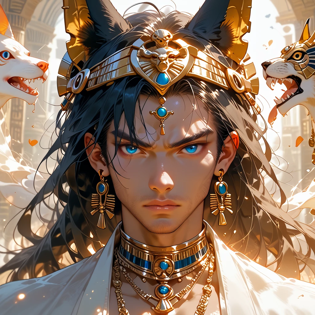 There is a man in a costume standing in front of a building, picture of des ghost, Anubi Horus, Egyptian god, the god Horus, the Egyptian god, Portrait of Horus, Angry god Horus, Storm Egyptian god, Pharaoh, Egyptian god of wind, god egypt, mystic bi horus valkyrie, reptilian anubis