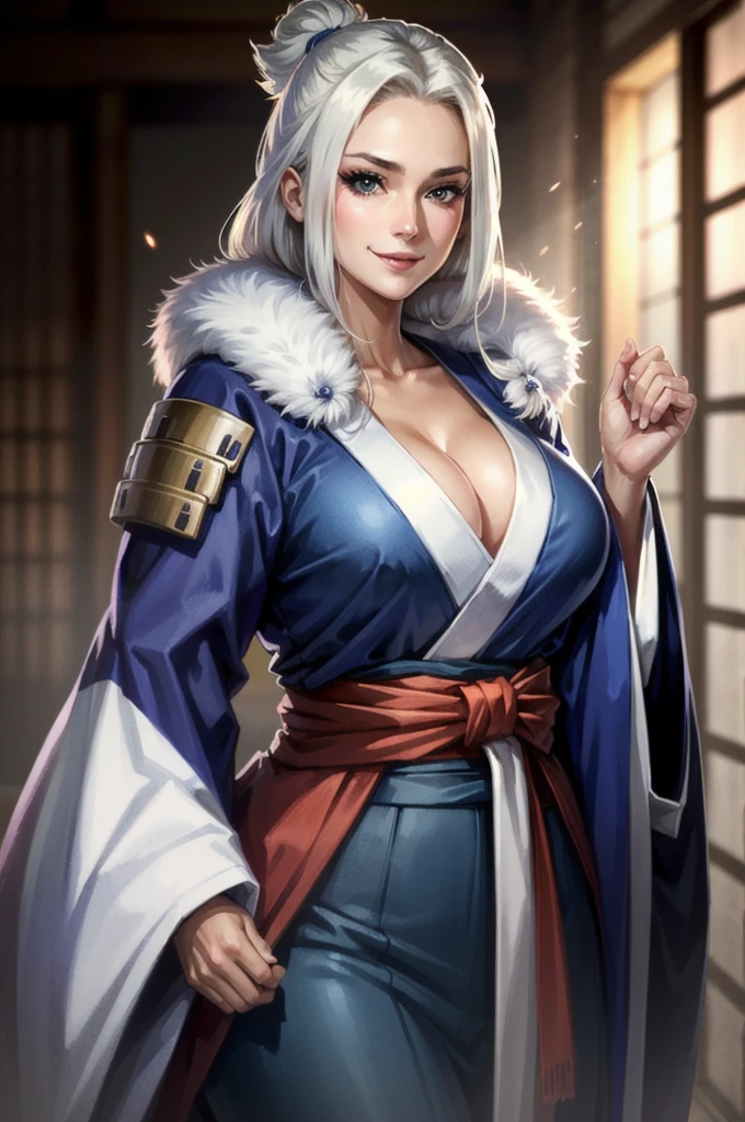 Armored１People Women, Captivating eyes, A worried smile, Old kimono with white fur, Big Tits, Tight waist, Her presence itself is captivating., anime, cinematic lighting, cowboy shot, UHD, retina, masterpiece, accurate, anatomically correct, textured skin, super detail, high details, high quality, award winning, best quality, highres