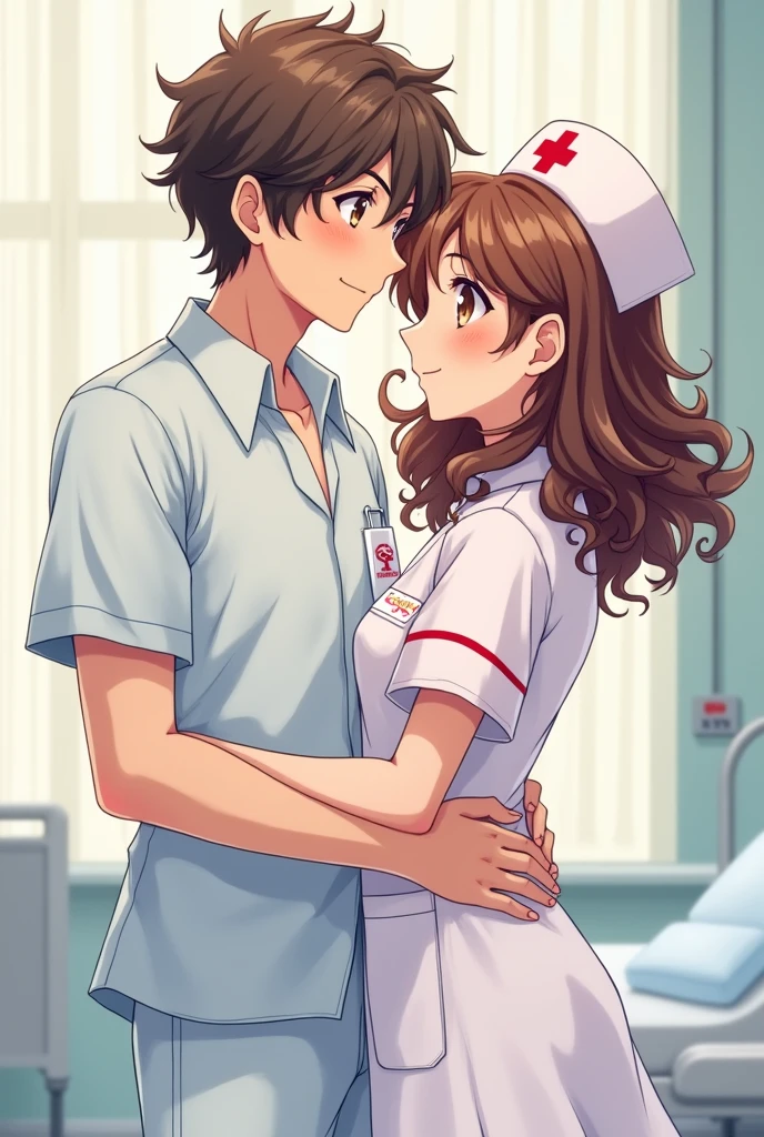 Curly haired man and curly haired woman anime nurse couple