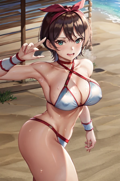 masterpiece, best quality, beautiful art, high resolution, well formed hands, body and fingers, 1 woman, solo, Ruka Sarashina, blue ribbon, full body picture, grown up, adult, large and big breasted, cleavage, hair ornament, wearing a Tyris Flare outfit , white_bikini, full body, sexy and skimpy bikini, gorgeous hips, legs and thighs bouncing breasts, red boots, fighting in a combat match, showing her fighting skills, making her guard, about to hit the viewer, looking at the viewer, close up on her bouncing breasts, sweating, bouncing breasts, smiling joyfully and brightly, seductive face, being confident and proud, action and fighting scene, martial arts tournament on the beach fighting in a combat match, showing her fighting skills, making her guard, about to hit the viewer, looking at the viewer, cowboy shot on her bouncing breasts, sweating, bouncing breasts, smiling joyfully and brightly, seductive face, being confident and proud, action and fighting scene, martial arts tournament on the beach