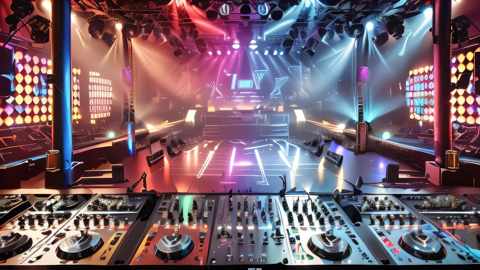 a close-up of a soundboard in a room with lights, night club background, stage in a club, night club, cyberpunk night club, dj, best in stock from Adobe, reflecting light in a night club, dj mixer, dance hall background, night clubs and neons, dance floor, in a night club, club lighting, detailed an empty jazz cafe, elaborate stage effects, night club
