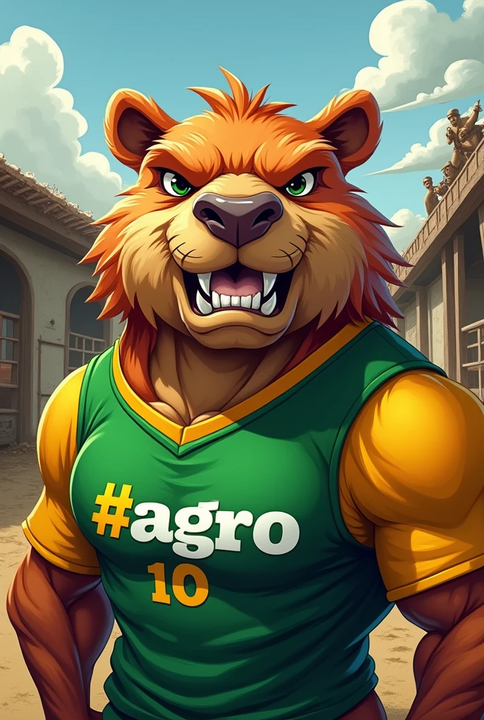 A muscular angry capybara sports mascot wearing a green and yellow t-shirt that says "#AGRO 10" with corral background
