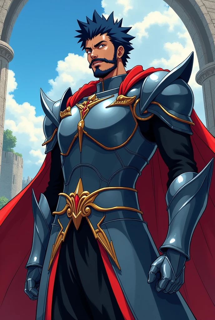 Create an illustration in the exact art style of 'Bleach: Thousand-Year Blood War,' depicting a paladin named Redfield. Redfield is a Black man with spiky dark blue hair, a goatee, long sideburns, and a growing mustache. His armor is a dark bluish-gray with boldo-colored accents, and he wears a reddish cape with boldo-colored trim.