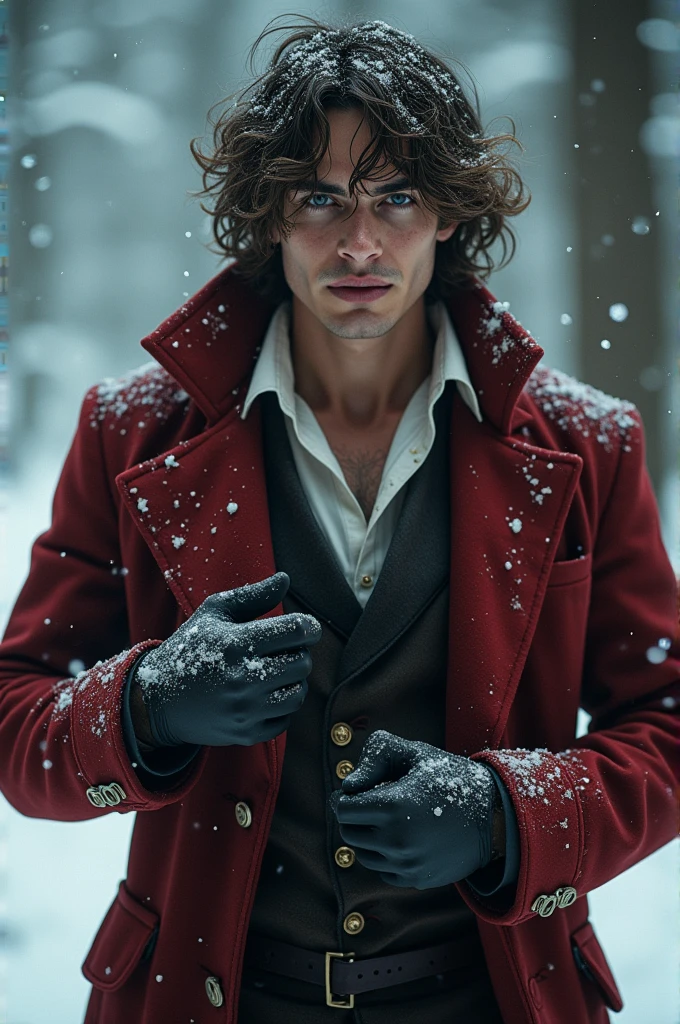 ((( masterpiece ))), (((Highest quality))), ((Very detailed)), (photograph), ((Very delicate and headsome) ),high resolution, one men, age 25, (detailedeyes), (detailed facial features), (Detailed weapons), (detailed fingers), (Leg details), (eyes visible through hair), ((drunk eyes)), (Compelling :1.2), (toothless smile),(((fuller lips))), (snow scene),(upperbody),red tailcoat, ((Dappled Light)),((film grain)), ((Single lens reflex camera)), ((35mm lens focal length))