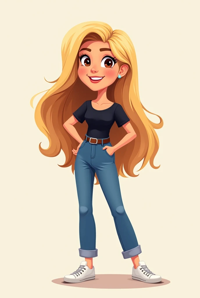 create a cute mascot design for the cover of a call Gabriela with a happy smile, big blonde hair, skin fair, dressed in a black blouse, jeans and white sneakers 