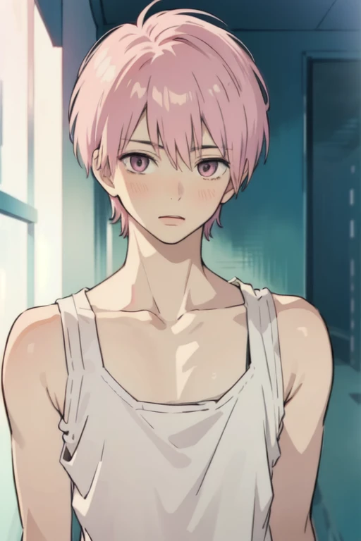 masterpiece, best quality, , 1boy, solo, male focus, looking at viewer, upper body, depth of field, pastel pink short hair, pastel pink eyes, pale skin, tank top, manwha style, anime style 