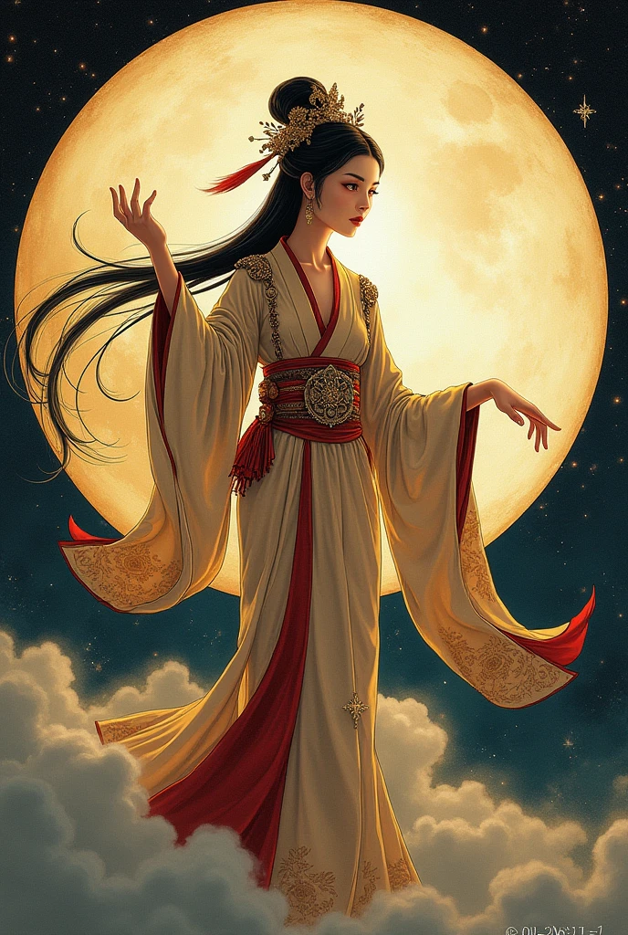 ((best quality)), moon goddess chang'e and a moon behind and ancient Japanese style and flying as if she wanted to reach the moon, One of her hands is raised towards the moon, It must look old, the sleeves of his suit are long , the moon is very far away from her old