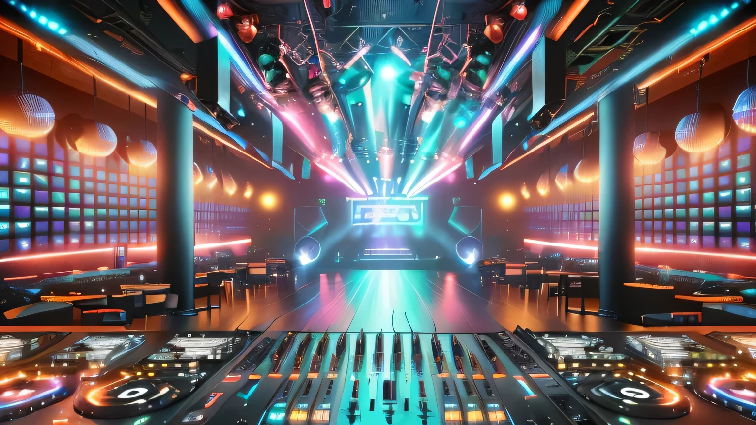 a close up of a dj's desk with a lot of lights, stage in a club, night club background, best in stock from Adobe, cyberpunk night club, night club, beeple-style hybrid mix, elaborate stage effects, reflecting light in a night club, club lighting, 3D rendering beep, in a night club, background art, dj, beep rendering