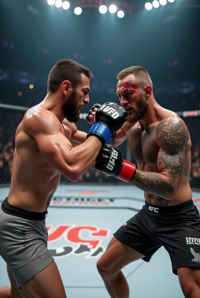 A hyper-realistic scene inside a UFC octagon during an intense fight. The camera is positioned close, capturing every detail of the fighters in action. The main fighter is seen in a first-person perspective, with sweat dripping down his face and his gloves raised, ready to strike. Opposite him is Conor McGregor, visibly fatigued and bleeding from a cut above his eye, with bruises and scratches on his face. The octagon floor shows the wear from the intense combat, with logos visible but slightly scuffed. The bright overhead lights cast a clear, intense illumination, highlighting every muscle, vein, and drop of sweat on the fighters. The crowd outside the octagon is blurred, emphasizing the raw and immediate energy of the fight. The overall scene is rich in detail, from the texture of the fighters' skin to the fabric of their shorts, creating an immersive, lifelike experience.