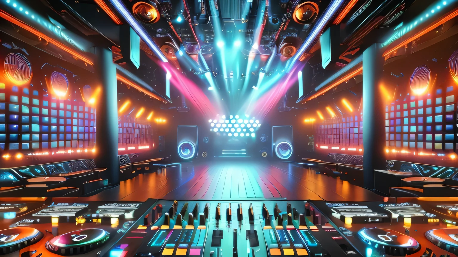a close up of a dj's desk with a lot of lights, stage in a club, night club background, best in stock from Adobe, cyberpunk night club, night club, beeple-style hybrid mix, elaborate stage effects, reflecting light in a night club, club lighting, 3D rendering beep, in a night club, background art, dj, beep rendering